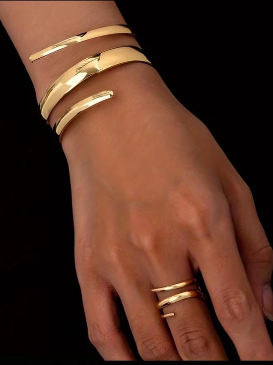 Jewelry - Gold Spiral Open Cuff Bracelet and Ring Set